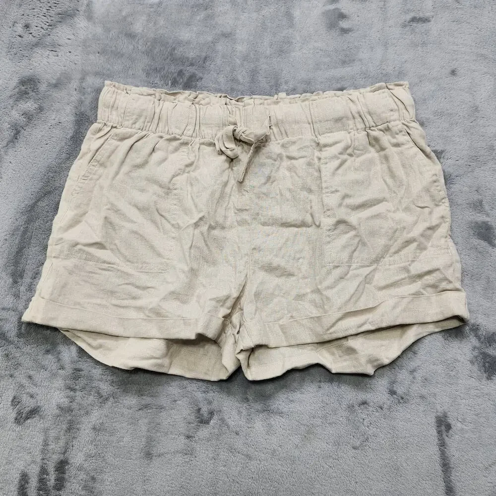 Celebrity Pink Shorts Womens L Tan Beige Linen‎ Blend Pull On Drawstring Cuffed